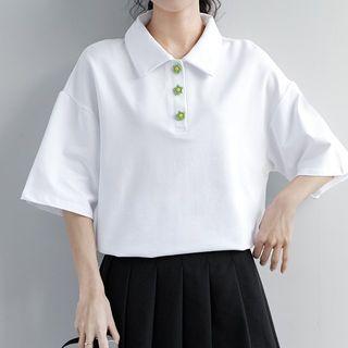 Elbow-sleeve Flower Button Shirt