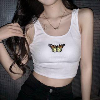 Butterfly Embroidered Tank Top White - One Size