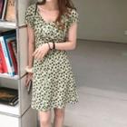 Short-sleeve Floral Print Mini A-line Dress Floral Dress - Vintage Green - One Size