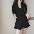 Short-sleeve Double Breasted Blazer + High-waist Plain Shorts