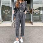 Puff-sleeve Denim Jumpsuit With Belt Black - One Size