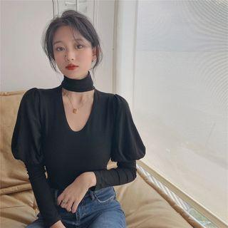 Choker-neck Puff-sleeve Blouse