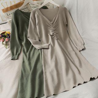 Deep V-neck Ruched Knit A-line Dress