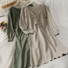 Deep V-neck Ruched Knit A-line Dress