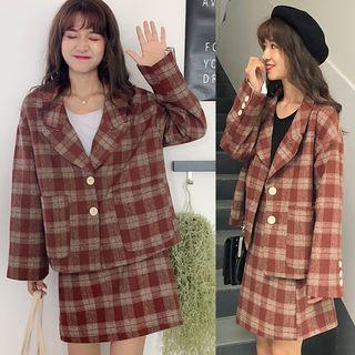 Set: Plaid Cropped Single-breasted Coat + Plaid A-line Skirt