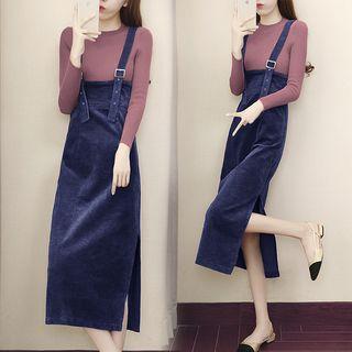 Set: Long Sleeve Knit Top + Corduroy Jumper Dress
