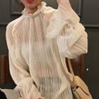 Bell Sleeve Ruffle Neck Pleated Sheer Top Almond - One Size
