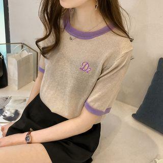 Short-sleeve Colour Block Embroidered Knit Top