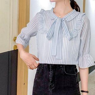 Tie-neck Striped Short-sleeve Blouse