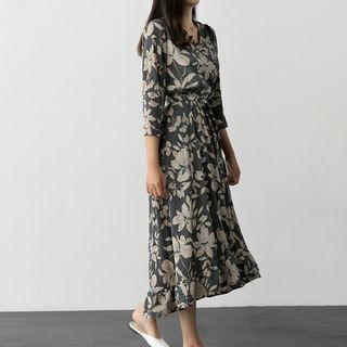 3/4-sleeve Pattern Long Surplice-wrap Dress