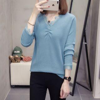 Lace Trim Shirred Knit Top