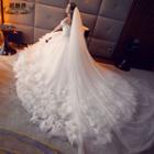 Feather Detail Off-shoulder Trained Wedding Ball Gown