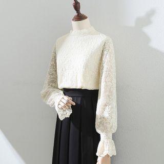 Bell-sleeve Stand-collar Lace Shirt