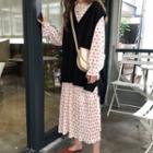 Oversized Knit Vest / Long-sleeve Floral Print Pleated Midi Dress