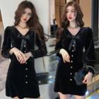 Long-sleeve Mini Velvet A-line Dress Black - One Size