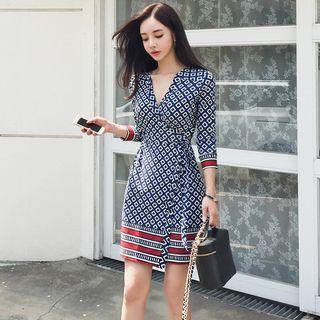 3/4-sleeve Patterned Mini Wrap Dress