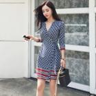 3/4-sleeve Patterned Mini Wrap Dress