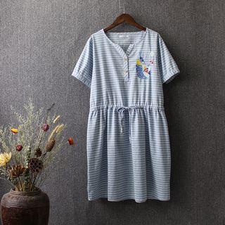 Embroidered Striped Short Sleeve Drawstring Waist Dress