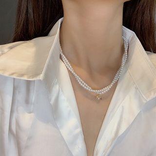 Rhinestone Pendant Faux Pearl Choker White - One Size
