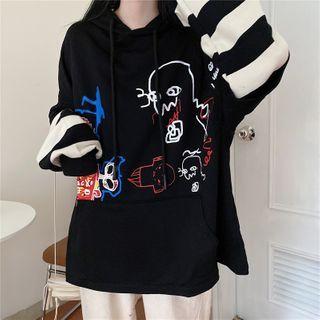 Robot Print Striped Panel Hoodie