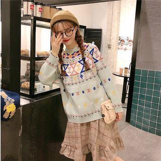 Jacquard Sweater / Plaid Mini A-line Skirt