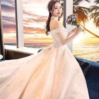 Deep V-neck Off-shoulder Lace Wedding Ball Gown