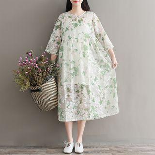 Set: Floral Patterned 3/4 Sleeve Midi Dress + Slipdress