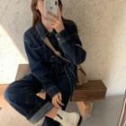 Long-sleeve Button-up Collared Denim Jumpsuit