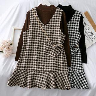 Set: Mock-neck Knit Top + Houndstooth Tank Dress