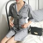 Elbow-sleeve Plaid Mini Coatdress