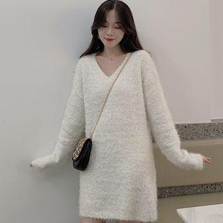 V-neck Sweater Dress White - One Size