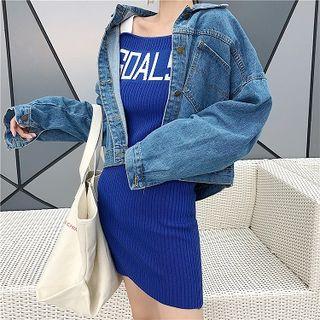 Buttoned Denim Jacket / Sleeveless Mini Knit Bodycon Dress