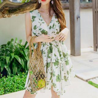 Flower Print Sleeveless A-line Dress White - One Size
