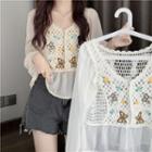 Long Sleeve V-neck Sheer Panel Butterfly Embroidered Knit Top