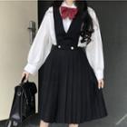 Long-sleeve Shirt / Bow-tie / Midi A-line Suspender Skirt
