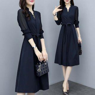 Mesh-sleeve Tie-waist Midi A-line Dress