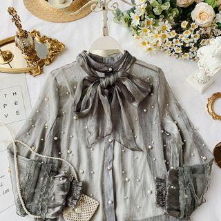 Set: Faux Pearl Accent Blouse + Camisole