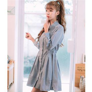 Stand Collar Striped Shirtdress