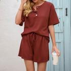 Set: Short-sleeve Button-up T-shirt + Drawstring Plain Shorts