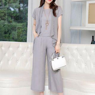 Set: Short-sleeve Light Jacket + Plain Sleeveless Top + Wide Leg Cropped Pants