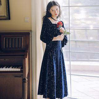 Star Print Lantern-sleeve A-line Maxi Velvet Dress