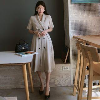 Shawl-collar Double-breasted Dress With Sash Beige - One Size