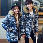 Matching Couple Furry Trim Hooded Camouflage Parka