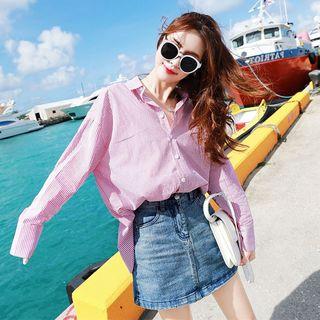Set: Striped Long-sleeve Shirt + Denim Skirt
