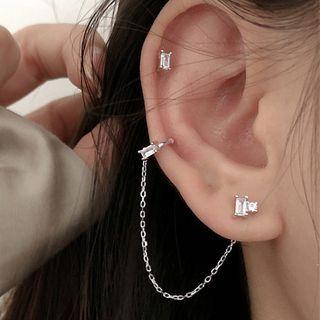 Non-matching Rhinestone Chained Earring 1 Pair - Earring Backs - Silver - One Size