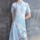 Floral Printed Short-sleeve Midi Qipao