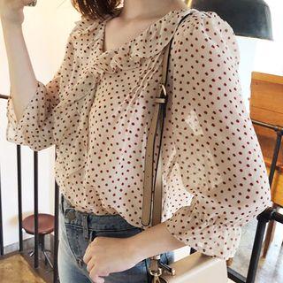 Frill-trim Dotted Chiffon Blouse Light Beige -