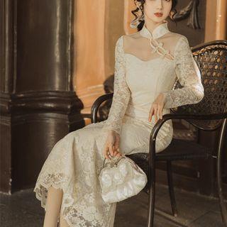 Stand Collar Mesh Panel Lace Sheath Maxi Dress