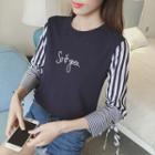 Letter Embroidered Striped Panel 3/4 Sleeve Top
