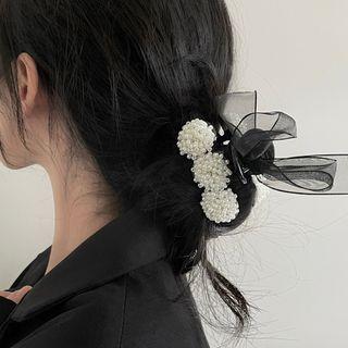 Faux Pearl Mesh Bow Hair Claw 2485a - Hair Claw - Faux Pearl - Mesh - Black - One Size
